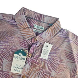 Tenth + Ocean‎ F112X4044 Mens Large Purple Palm Leaf S/S Washable Linen Shirt